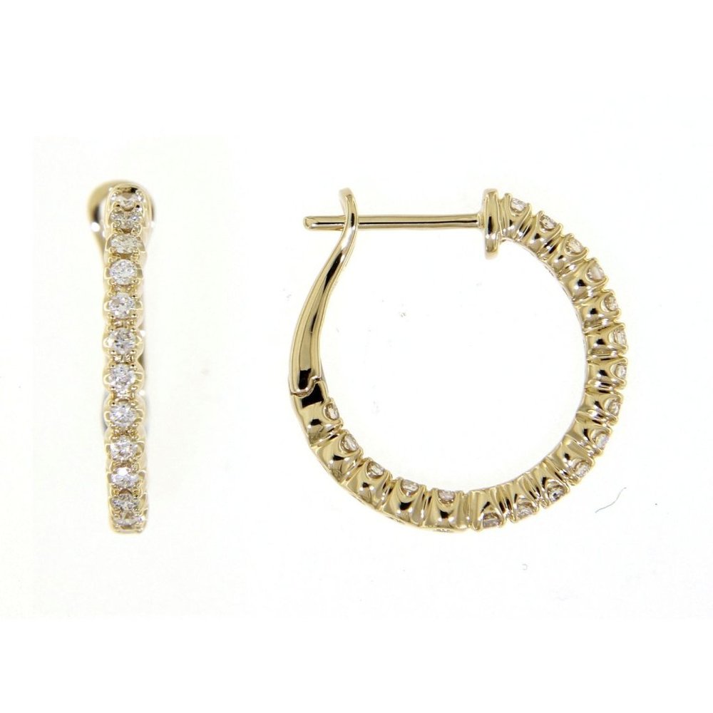 Inside Outside Diamond One Liner Fine Hoops Earrings Yellow Gold - Picture 1 of 6
